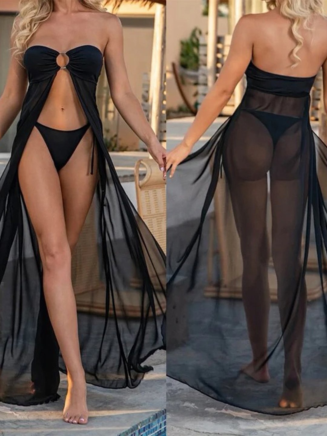 Black Sheer Mesh Long Cover-Up Dress with Front Split & Matching Panty Set
