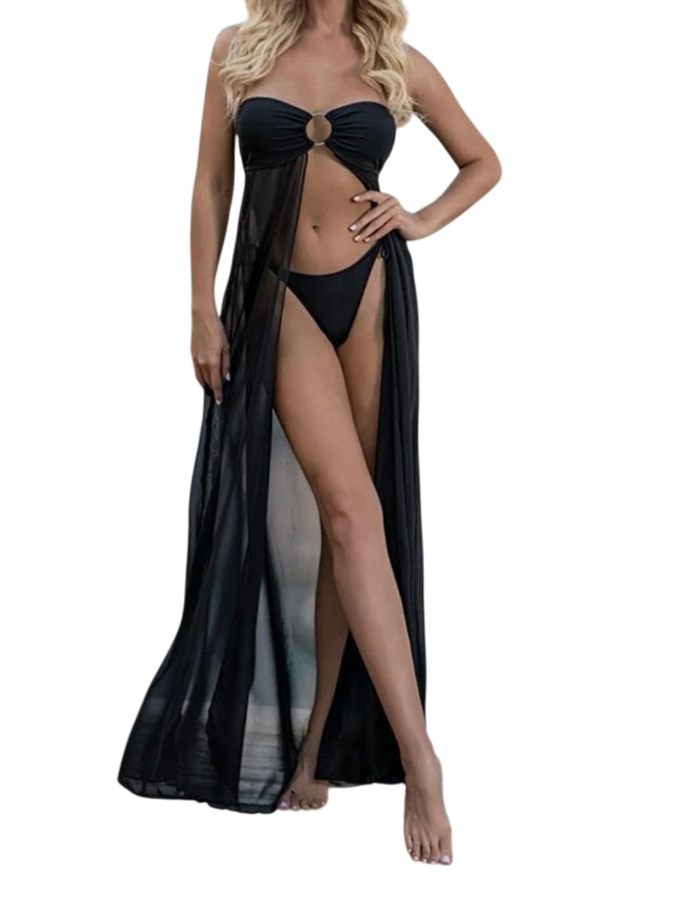 Black Sheer Mesh Long Cover-Up Dress with Front Split & Matching Panty Set - Image 2